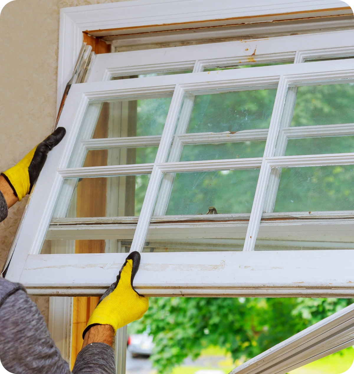 Worker replacing old window pane